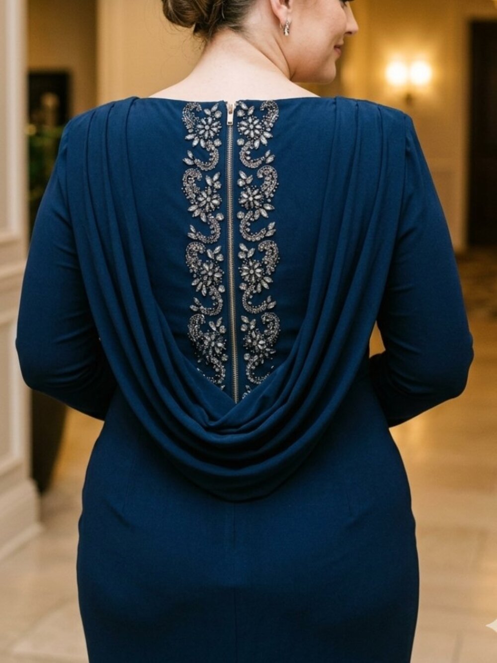 Adrianna Papell Navy Draped Jersey Gown Rhinestone Sequin Cowl Back 16 NWT